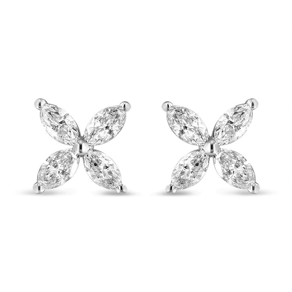 14K White Gold 1.0 Cttw Lab Grown Marquise Diamond 8 Stone Floral Leaf Stud Earrings (F-G Color, VS2-SI1 Clarity)