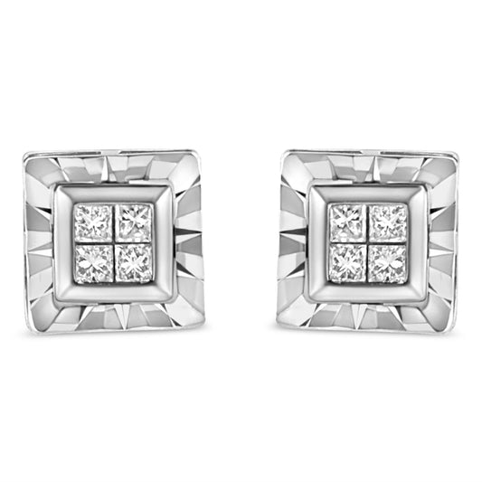 .925 Sterling Silver 1/6 Cttw Invisible Set Princess-Cut Diamond Quad Composite Stud Earrings (H-I Color, I1-I2 Clarity)