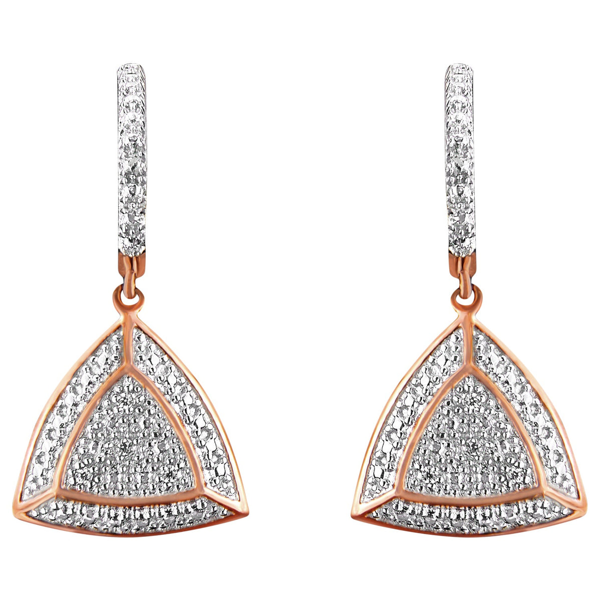 14K Rose Gold Plated .925 Sterling Silver Diamond-Accent Trillion Shaped 4-Stone Halo Style Dangle Earrings (H-I Color, I2-I3 Clarity) - JackiEaslick