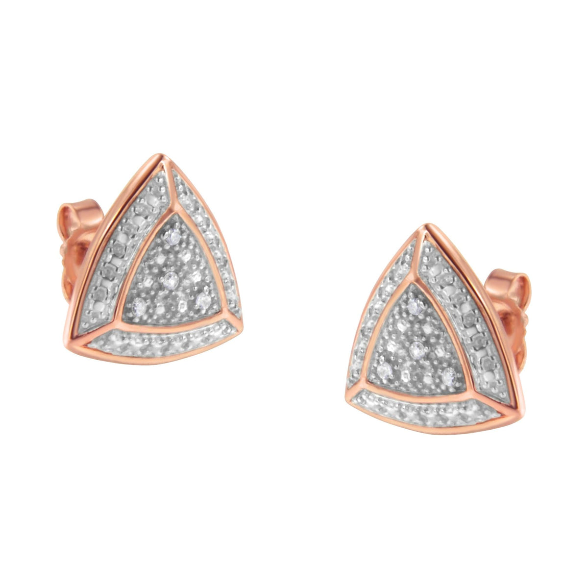 14K Rose Gold over .925 Sterling Silver Diamond-Accented Trillion Shaped 4-Stone Halo-Style Stud Earrings (H-I Color, I2-I3 Clarity) - JackiEaslick