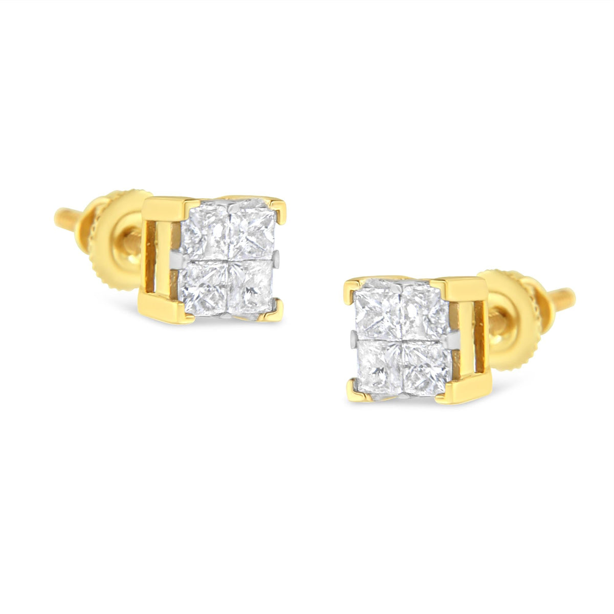 10K Yellow Gold 3/4 Cttw Invisible Set Princess-Cut Diamond Composite Square Stud Earrings (I-J Color, I2-I3 Clarity) - JackiEaslick