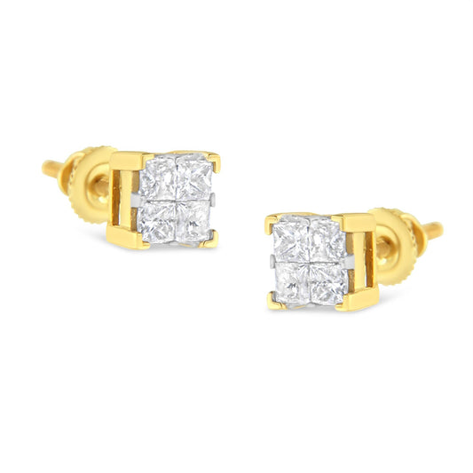 10K Yellow Gold 3/4 Cttw Invisible Set Princess-Cut Diamond Composite Square Stud Earrings (I-J Color, I2-I3 Clarity) - JackiEaslick