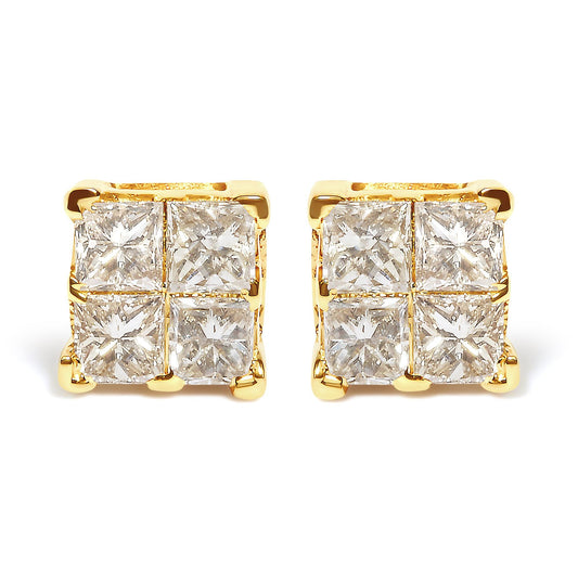 14K Yellow Gold 3/4 Cttw Invisible Set Princess-Cut Diamond 4 Stone Square Stud Earrings (J-K Color, SI2-I1 Clarity)