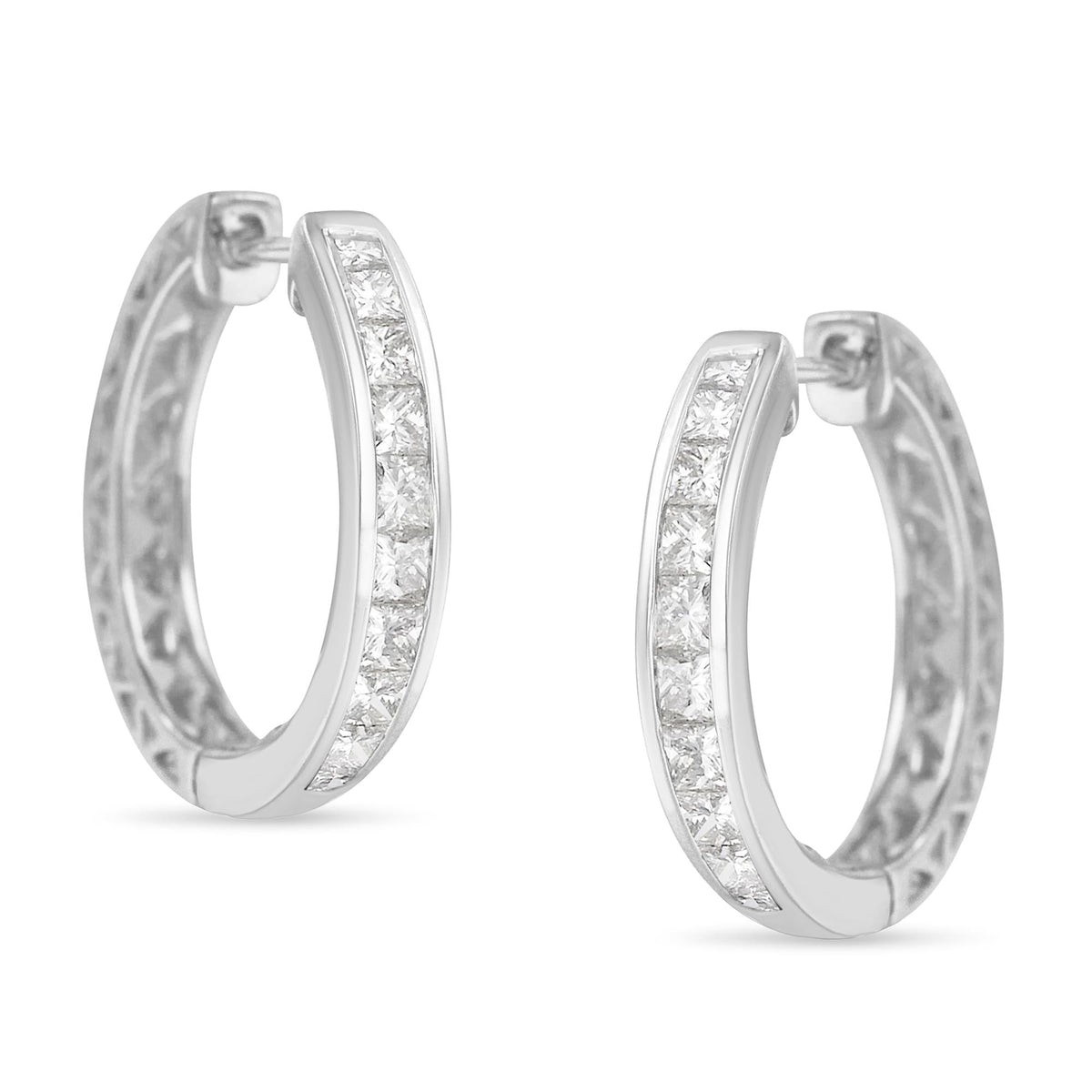 10K White Gold 1.0 cttw Channel Set Princess-Cut Diamond Hoop Huggy Earrings (I-J, I2-I3) - JackiEaslick