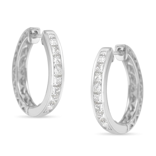 10K White Gold 1.0 cttw Channel Set Princess-Cut Diamond Hoop Huggy Earrings (I-J, I2-I3) - JackiEaslick