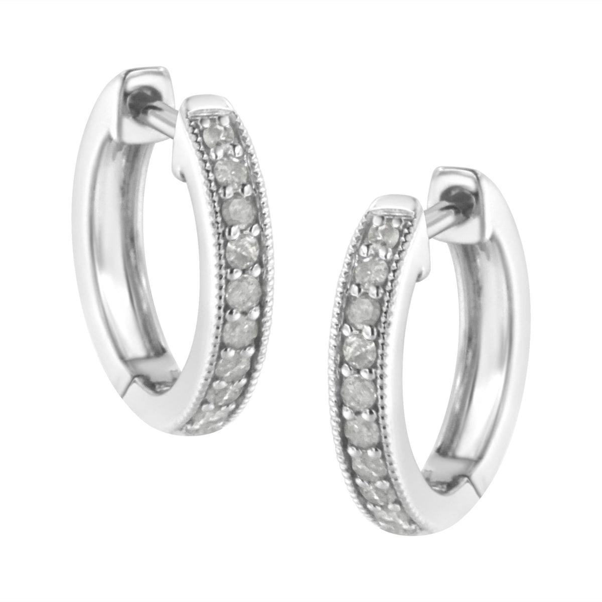 10K White Gold 1/4 cttw Shared Prong Set Round-Cut Diamond Beaded Hoop Earrings (I-J Color, I3 Clarity) - JackiEaslick
