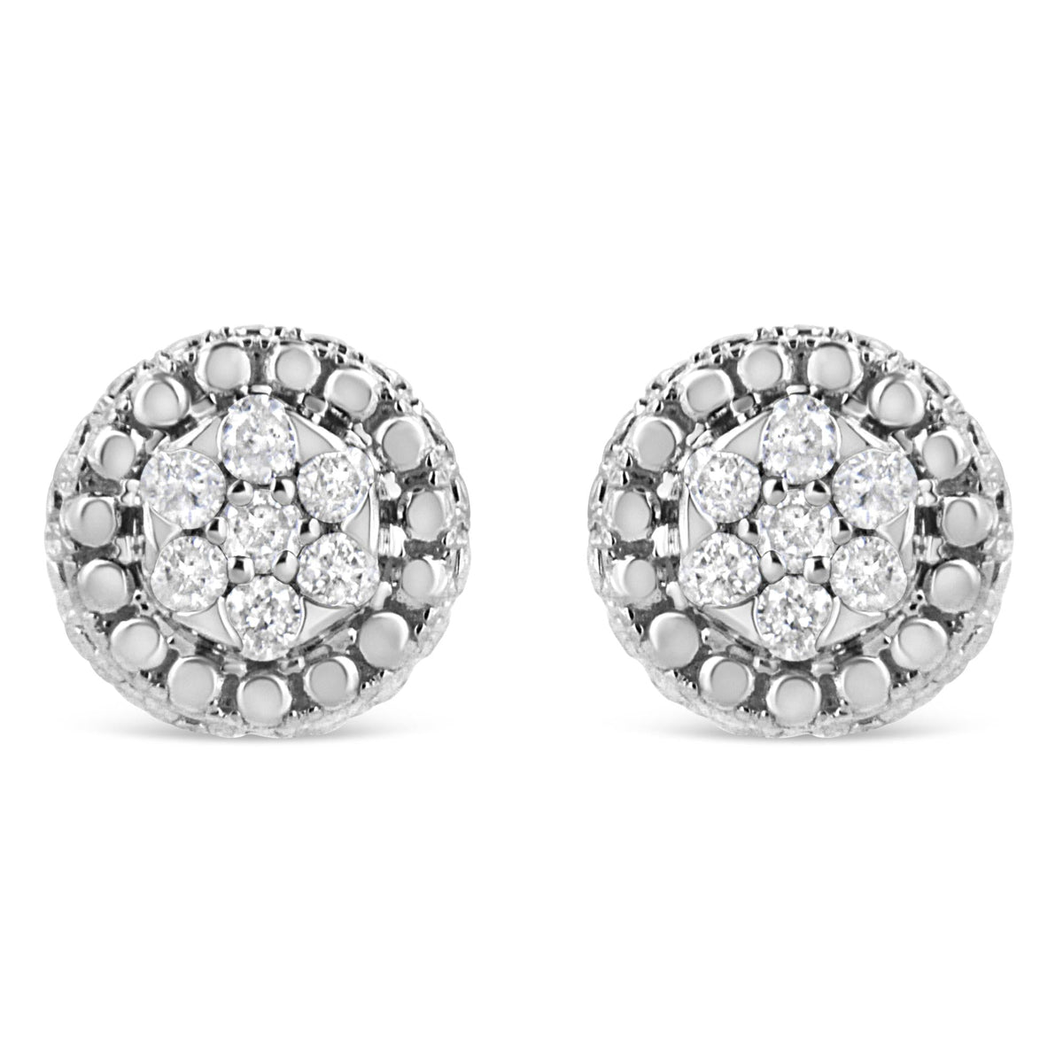.925 Sterling Silver 1/3 Cttw 7 Stone Pave Set Diamond Beaded Stud Earrings (I-J Color, I2-I3 Clarity)