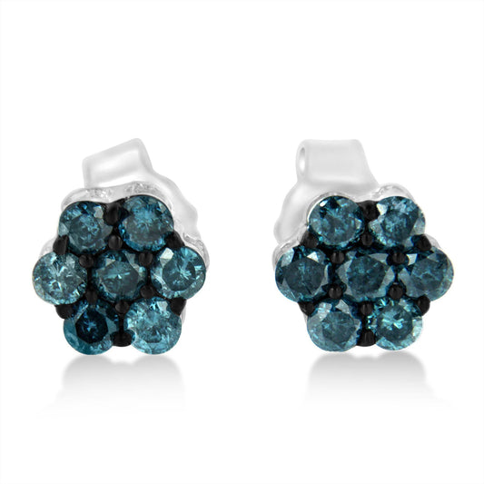 Sterling Silver Treated Blue Diamond Floral Stud Earrings (1/2 cttw, Blue Color, I2-I3 Clarity) - JackiEaslick