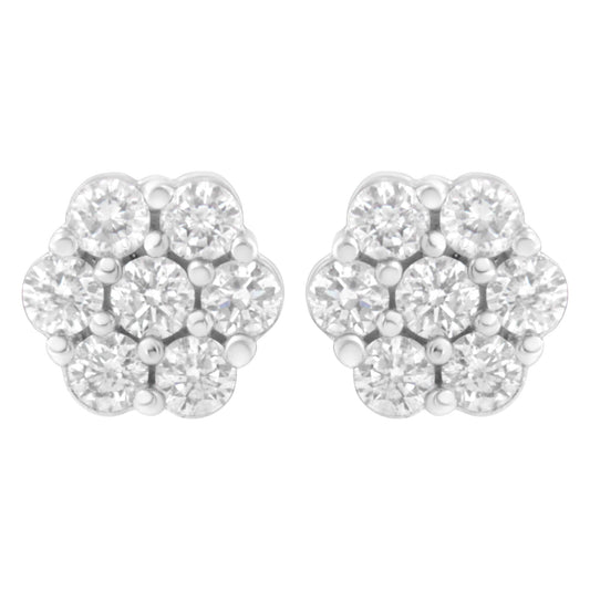 14K White Gold 7 Stone Floral Cluster Round Brilliant Cut Diamond Stud Earrings with Screw Backs(I-J, SI2-I1)