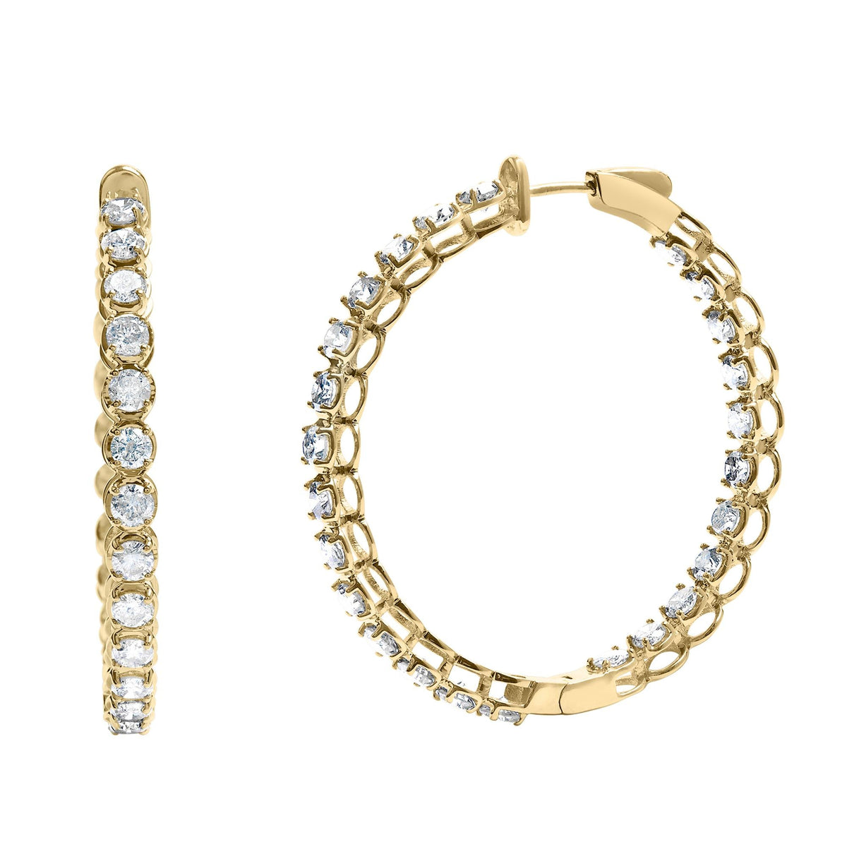 14K Yellow Gold 7.0 Cttw Round Brilliant Cut Diamond 1-¾ Inside Out Hinged Leverback Hoop Earrings (I-J Color, I1-I2 Clarity)