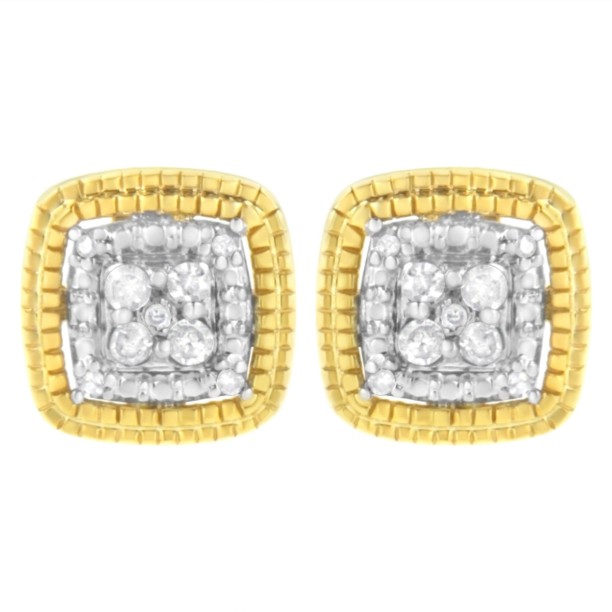 .925 Sterling Silver 1/10 Cttw Prong-Set Round Cut Diamond Square Shape with Milgrain Halo Stud Earrings (I-J Color, I2-I3 Clarity)