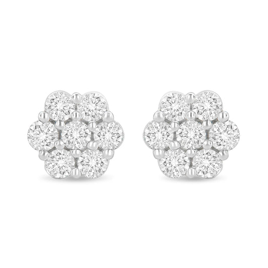 14K White Gold 1 1/2 cttw Prong Set Round-Cut Diamond Floral Cluster Stud Earrings (I-J Color, SI1-SI2 Clarity)