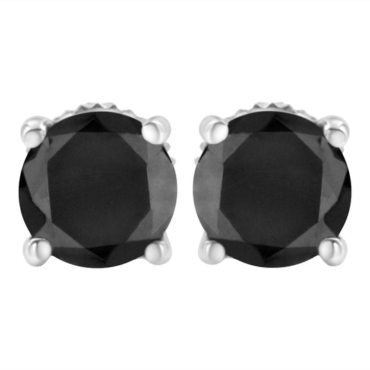 14K White Gold Round Brilliant-Cut Black Diamond Classic 4-Prong Stud Earrings with Screw Backs (Fancy Color-Enhanced, I2-I3 Clarity)