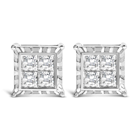 14K White Gold 2.00 Cttw Invisible Set Princess-Cut Lab Grown Diamond Wavy Quad Stud Earrings