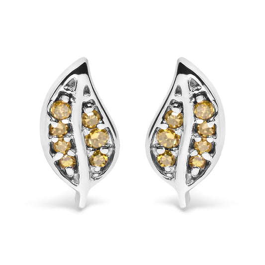 .925 Sterling Silver Yellow Diamond Accent Leaf Stud Earrings (Yellow Color, SI1-SI2 Clarity)
