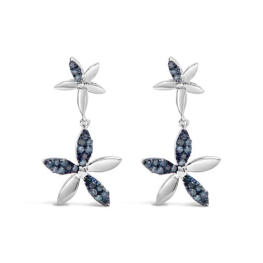 .925 Sterling Silver 1/5ct Cttw Blue Diamond Double Star Drop and Dangle Earrings (Blue Color, SI1-SI2 Clarity)