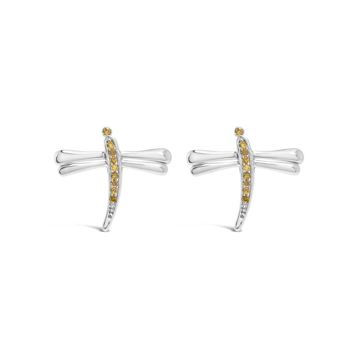 .925 Sterling Silver Yellow Diamond Accent Dragonfly Stud Earrings (Yellow Color, I2-I3 Clarity)