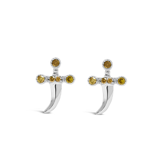 .925 Sterling Silver Yellow Diamond Accent Knife Earrings (Yellow Color, SI1-SI2 Clarity)