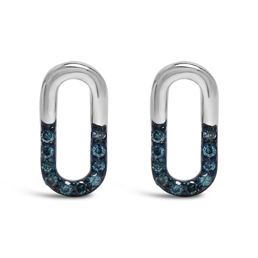 925 Sterling Silver 1/10 Blue Diamond Diamond Paperclip Stud Earrings (Blue, SI1-SI2 Clarity)