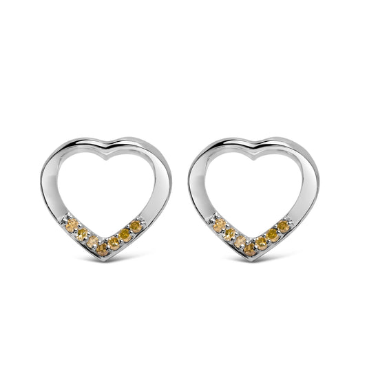 .925 Sterling Silver Yellow Diamond Accent Open Heart Stud Earrings (Yellow Color, SI1-SI2 Clarity)