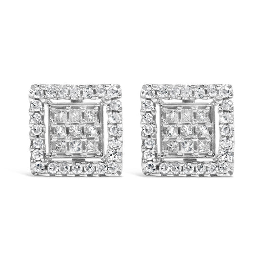 10K White Gold 3/4 Cttw Princess Diamond Composite and Halo Stud Earring (H-I Color, SI2-I1 Clarity)