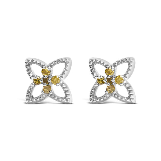 925 Sterling Silver Yellow Diamond Accent 4 Petal Flower Stud Earring (Yellow Color, SI1-SI2 Clarity)