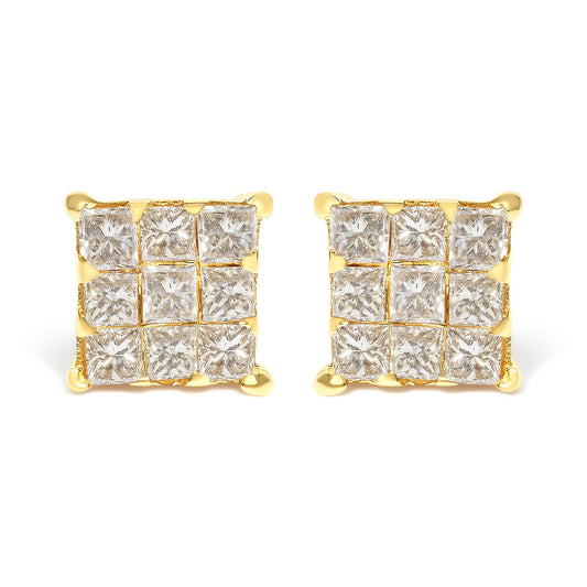14K Yellow Gold 3/4 Cttw Invisible Set Princess-Cut Diamond 9 Stone Square Stud Earrings (J-K Color, SI2-I1 Clarity)