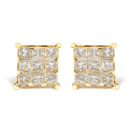 14K Yellow Gold 1 1/2 Cttw Invisible Set Princess-Cut Diamond 9 Stone Square Stud Earrings (J-K Color, SI2-I1 Clarity)