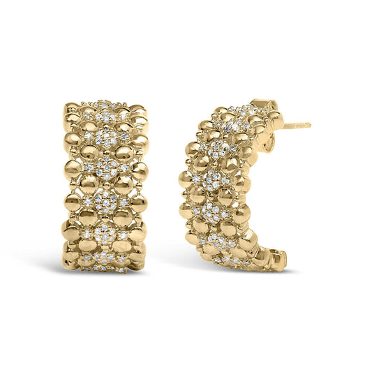 14K Yellow Gold Plated .925 Sterling Silver 3/8 Cttw Diamond and Ball Bead J Hoop Earrings (H-I Color, I1-I2 Clarity)
