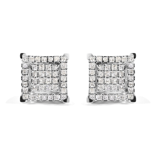 10K White Gold 1 1/4 Cttw Princess Diamond Composite Double Square and Halo Stud Earrings (I-J Color, I1-I2 Clarity)