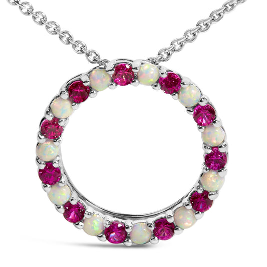 .925 Sterling Silver Alternating Created Red Ruby and Opal Circle Pendant Necklace