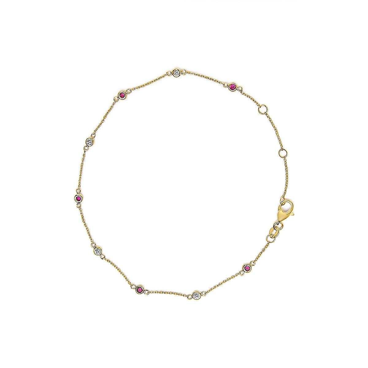 14K Yellow Gold Alternating Red Ruby and White Diamond Bezel Station Chain Bracelet (I-J Color, SI2-I1 Clarity) - 8" Inches