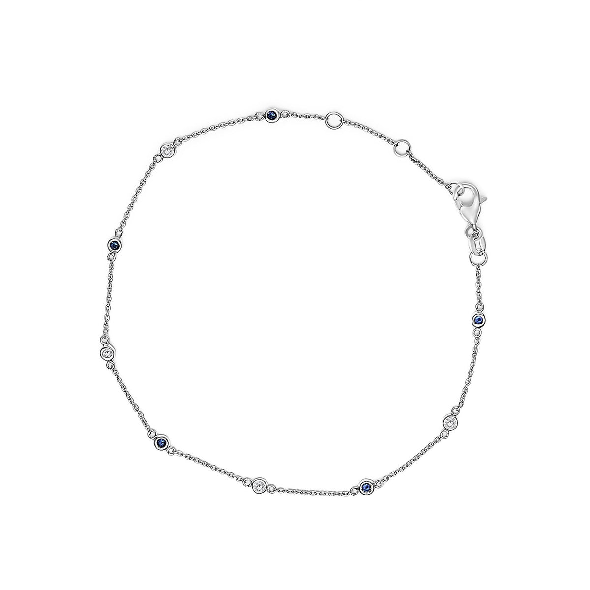 14K White Gold Alternating Blue Sapphire and White Diamond Bezel Station Chain Bracelet (I-J Color, SI2-I1 Clarity) - 8" Inches