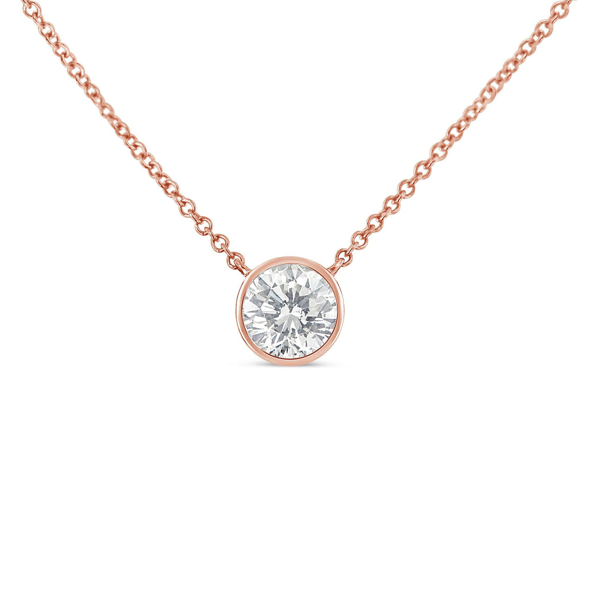 10K Rose Gold 1/5 Carat Round Brilliant-Cut Diamond Modern Bezel-Set Solitaire 16"-18" Pendant Necklace (H-I Color, SI2-I1 Clarity) - JackiEaslick