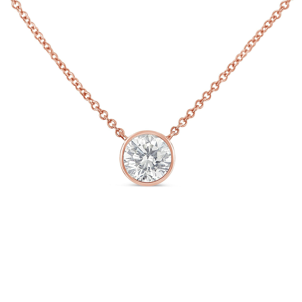 10K Rose Gold 3/10 Carat Round Brilliant-Cut Diamond Modern Bezel-Set Solitaire 16"-18" Pendant Necklace (H-I Color, SI2-I1 Clarity) - JackiEaslick
