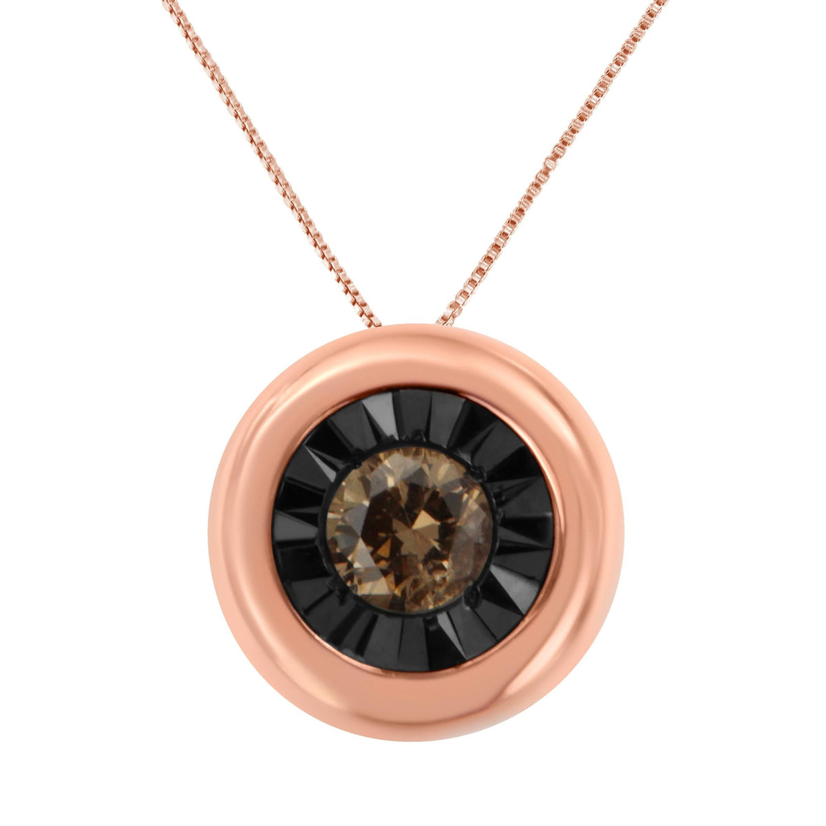 Black Rhodium over 10K Rose Gold 1/10 Carat Diamond Two Tone Round Miracle-Plate Solitaire 18” Pendant Necklace (Champagne Color, I2-I3 Clarity) - JackiEaslick