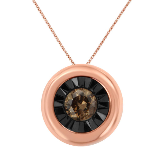 Black Rhodium over 10K Rose Gold 1/10 Carat Diamond Two Tone Round Miracle-Plate Solitaire 18” Pendant Necklace (Champagne Color, I2-I3 Clarity) - JackiEaslick