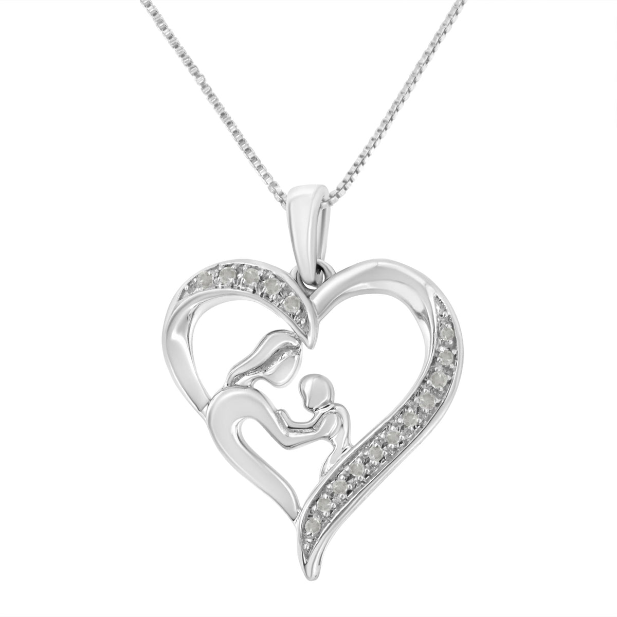 .925 Sterling Silver 1/10 cttw Diamond Heart and Mother 18" Pendant Necklace (I-J Color, I3 Clarity) - JackiEaslick