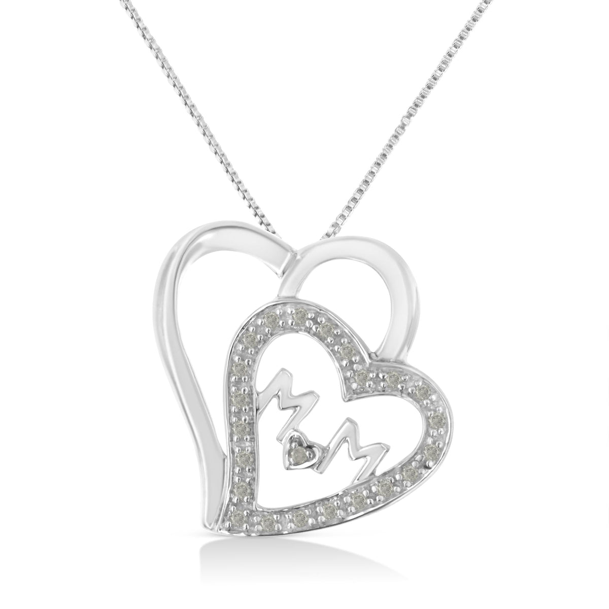 .925 Sterling Silver 1/10 Cttw Diamond Double Heart and Mom 18" Pendant Necklace (I-J Color, I3 Clarity) - JackiEaslick
