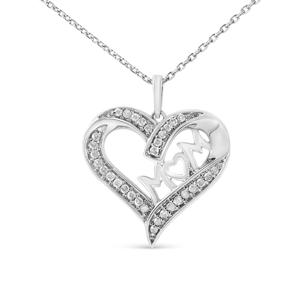 .925 Sterling Silver 1/4 cttw Diamond Engraved "Mom" in Heart Pendant Necklace (I-J Color, I3 Clarity) - JackiEaslick