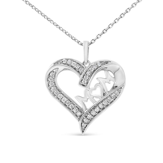 .925 Sterling Silver 1/4 cttw Diamond Engraved "Mom" in Heart Pendant Necklace (I-J Color, I3 Clarity) - JackiEaslick