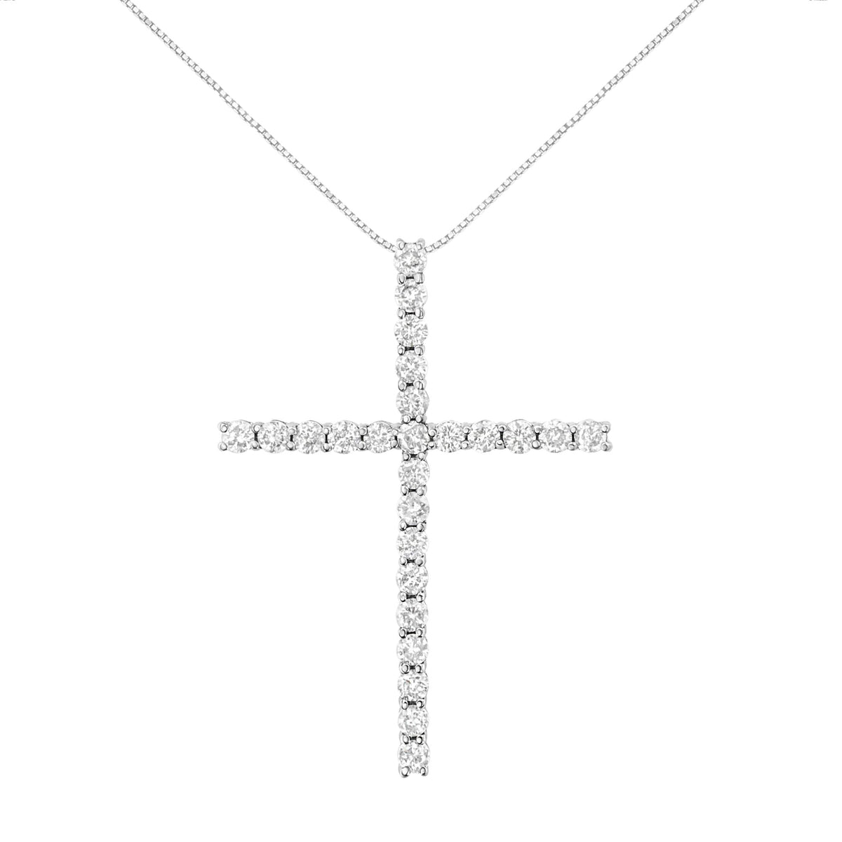 .925 Sterling Silver 3.0 Cttw Round Shape Diamond 1-1/2" Cross Pendant with Box Chain Necklace (J-K Color, I2-I3 Clarity) - 18"