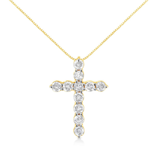 10K Yellow Gold 1.0 Cttw Round Brilliant Cut Diamond Cross Pendant Necklace with Box Chain (J-K Color, I1-I2 Clarity) - 18"