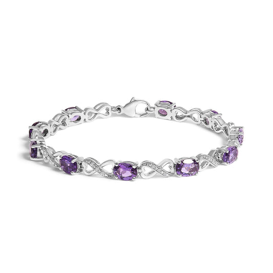 .925 Sterling Silver Oval Purple Amethyst and Diamond Infinity Link Bracelet (I-J Color, I1-I2 Clarity) - 7" Inches