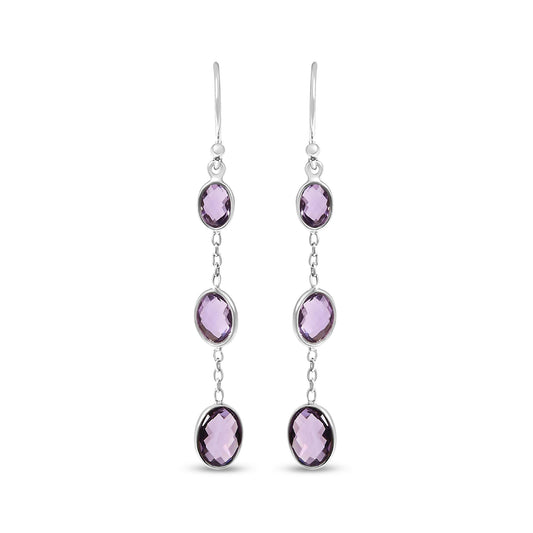 .925 Sterling Silver Checkerboard Cut Oval Purple Amethyst 2" Inch Drop and Dangle Earrings