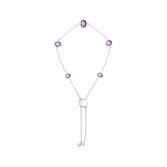 .925 Sterling Silver Bezel Set Purple Amethyst 5 Station Adjustable Bolo Bracelet