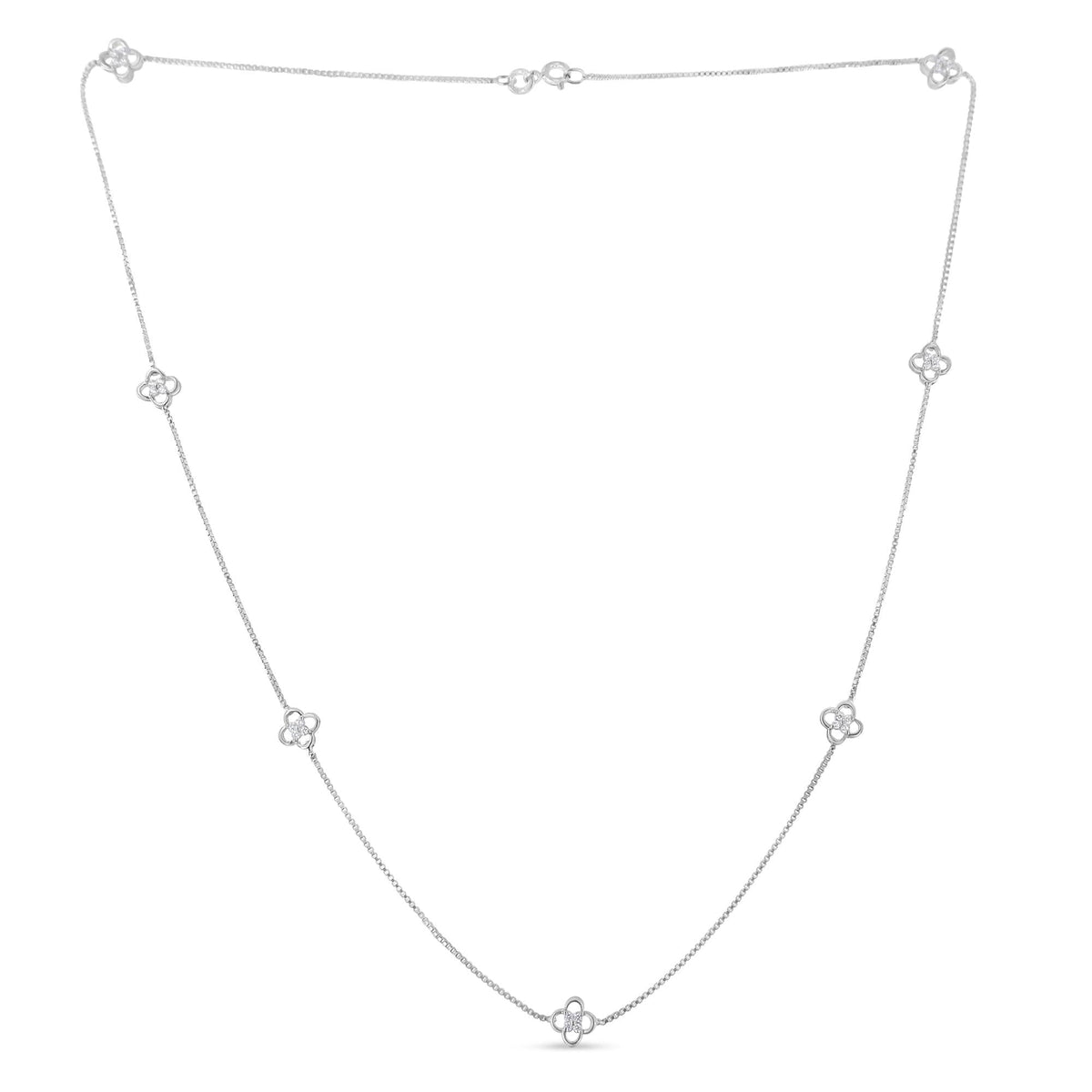 .925 Sterling Silver 1/4 Cttw Diamond Open Quatrefoil Flower Floating Station 18" Necklace (I-J Color, I1-I2 Clarity) - JackiEaslick