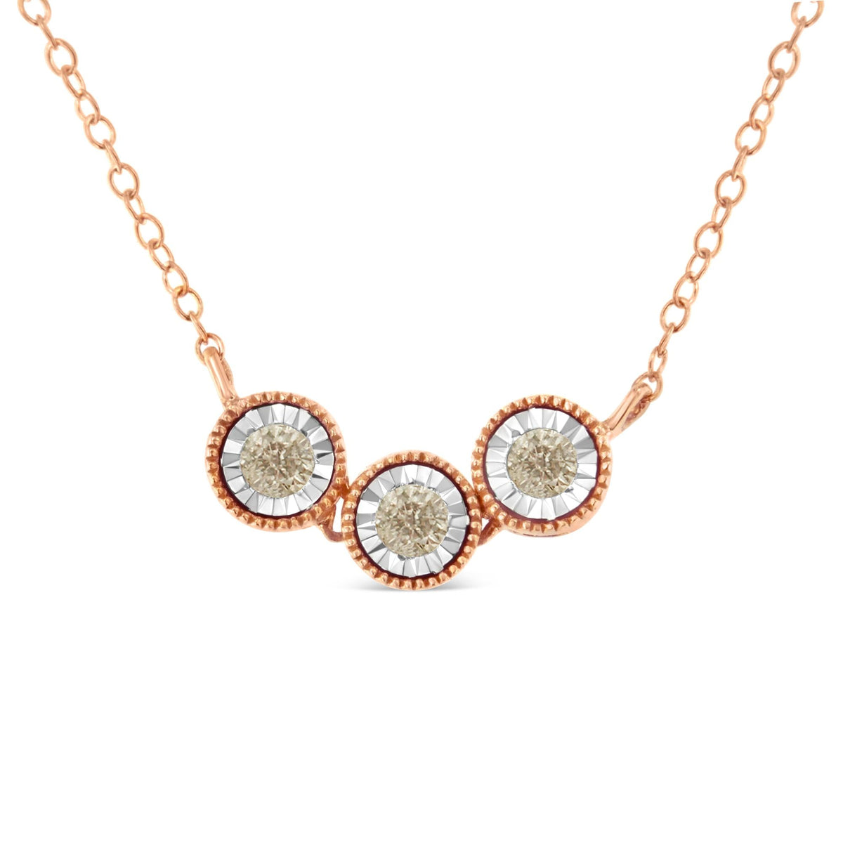 10K Rose and White Gold Plated .925 Sterling Silver 1/4 Cttw Miracle-Set Champagne Diamond Triple Circle 18" Necklace (I2-I3 Clarity) - JackiEaslick
