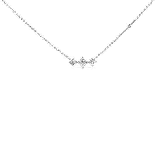 10K White Gold Bezel Set Princess Diamond 3 Stone Kite Shape and Station Necklace (H-I Color, SI2-I1 Clarity) - 18" Inches