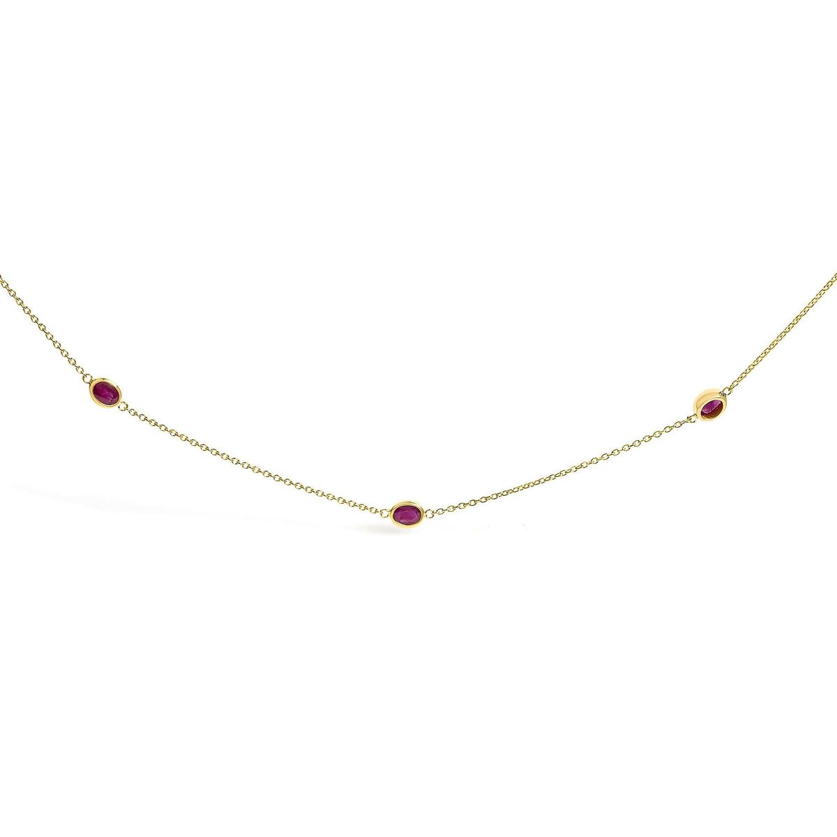 14K Yellow Gold Bezel Set 4x3 mm Oval Red Ruby Station Necklace - 18 Inches